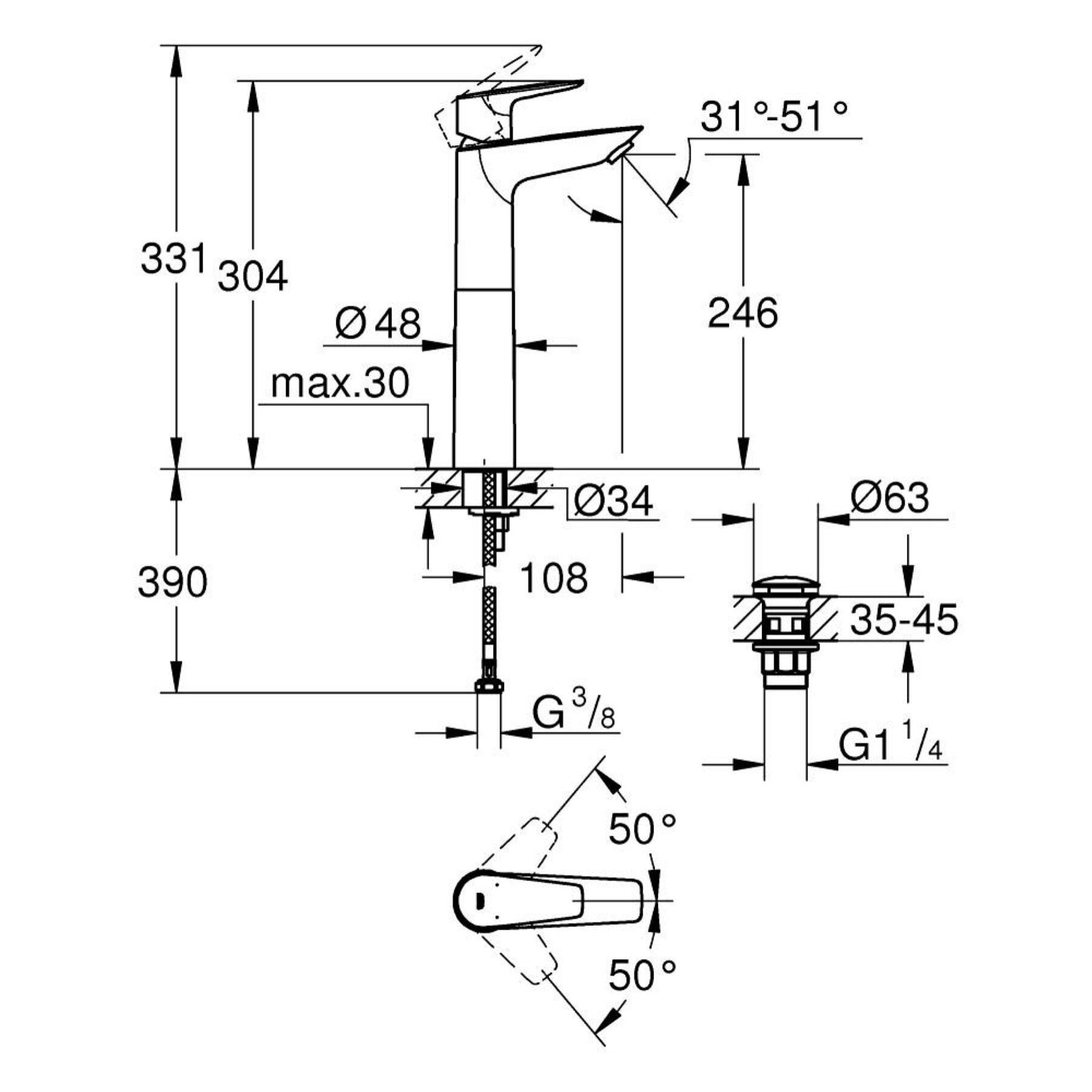 Mitigeur monocommande vasque à poser Taille XL Start Edge QuickFix