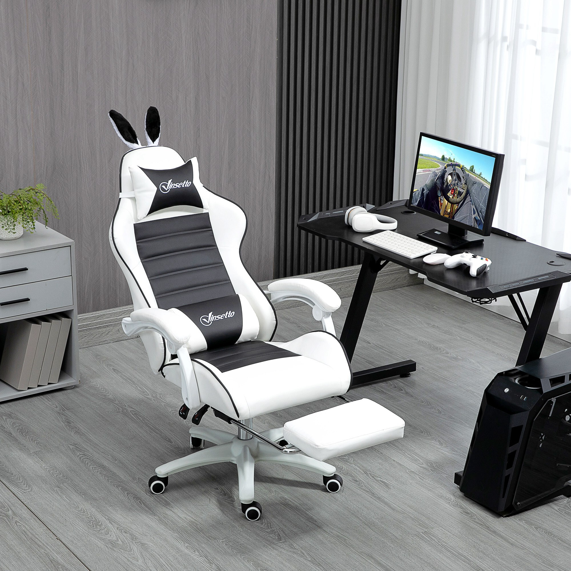 Chaise gaming fauteuil gamer inclinable réglable repose-pied rétractable oreilles de lapin amovibles noir blanc