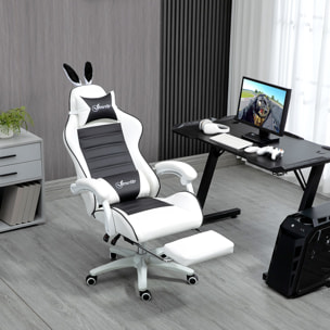 Chaise gaming fauteuil gamer inclinable réglable repose-pied rétractable oreilles de lapin amovibles noir blanc