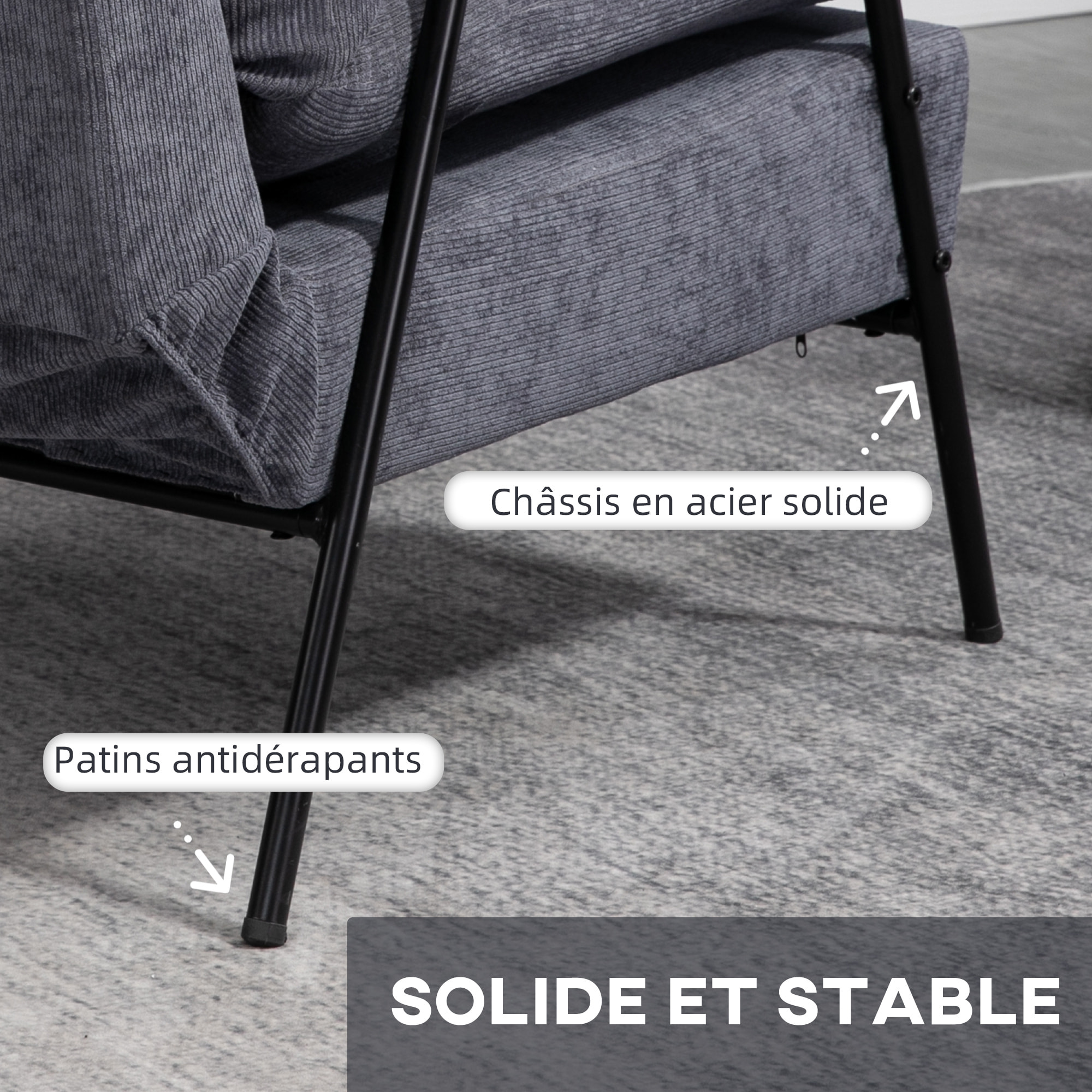 Fauteuil lounge style néo-rétro avec repose-pied - dossier inclinable - structure acier noir accoudoirs bois hévéa revêtement velours cotelé gris