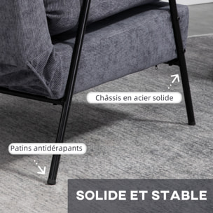 Fauteuil lounge style néo-rétro avec repose-pied - dossier inclinable - structure acier noir accoudoirs bois hévéa revêtement velours cotelé gris