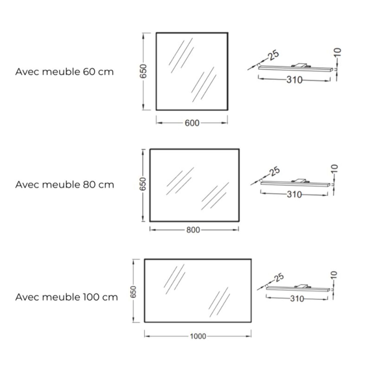 Pack meuble vasque 60 cm Ola up blanc + miroir + spot