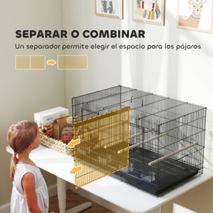 Jaula para Pájaros con Divisor, 76x46x46 cm, Pajarera con 4 Comederos, 4 Perchas y Bandeja Extraíble, Jaula para Loros, Canarios, Periquitos, Negro