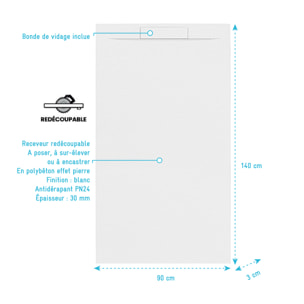Receveur 140x90x3cm Extra-plat en Polybéton Blanc Mat Effet Pierre - Redécoupable - LIANA