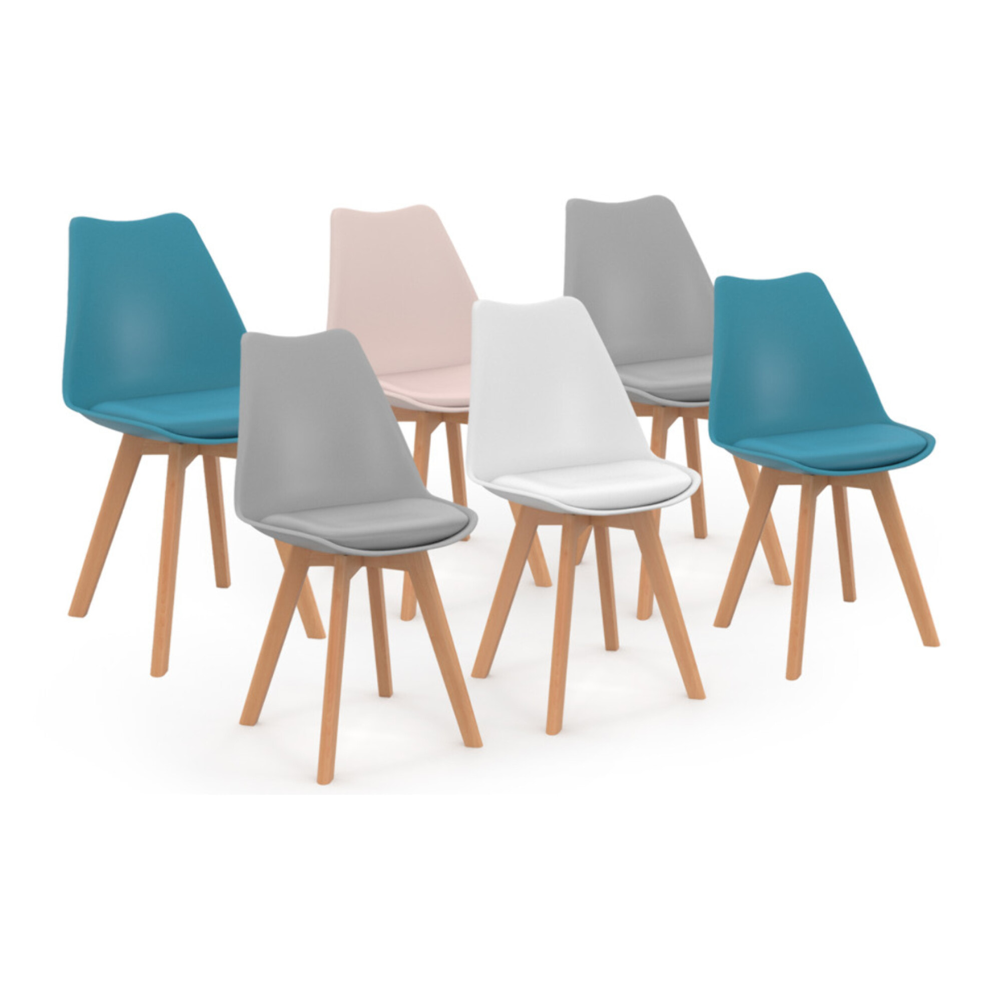 Chaises Nordia mix couleurs (blanc, gris , bleu et rose) - lot de 6