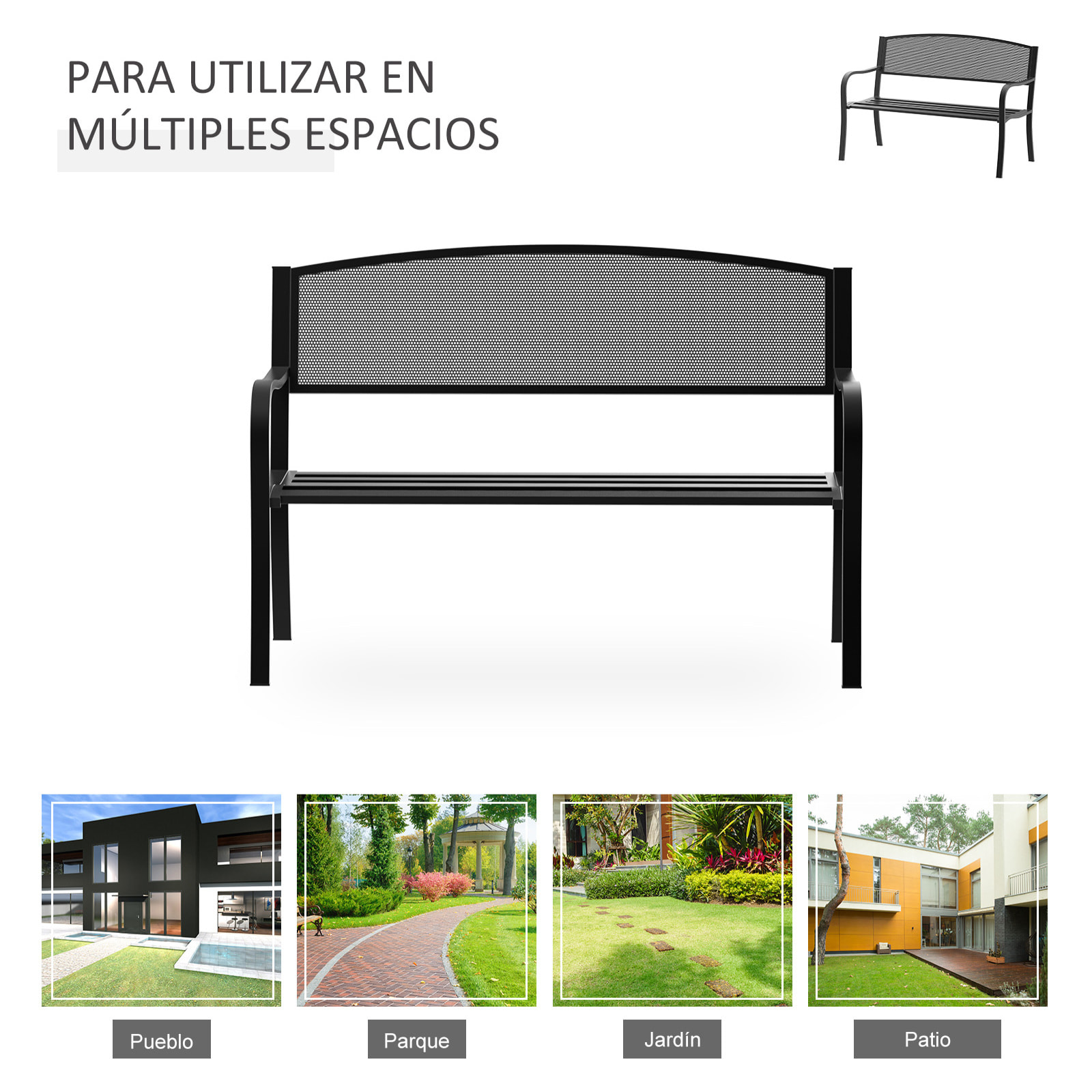 Banco de Jardín de 2 Plazas Banco Exterior con Respaldo de Malla de Acero Carga 240 kg para Patio Terraza Balcón 127x60x87 cm Negro