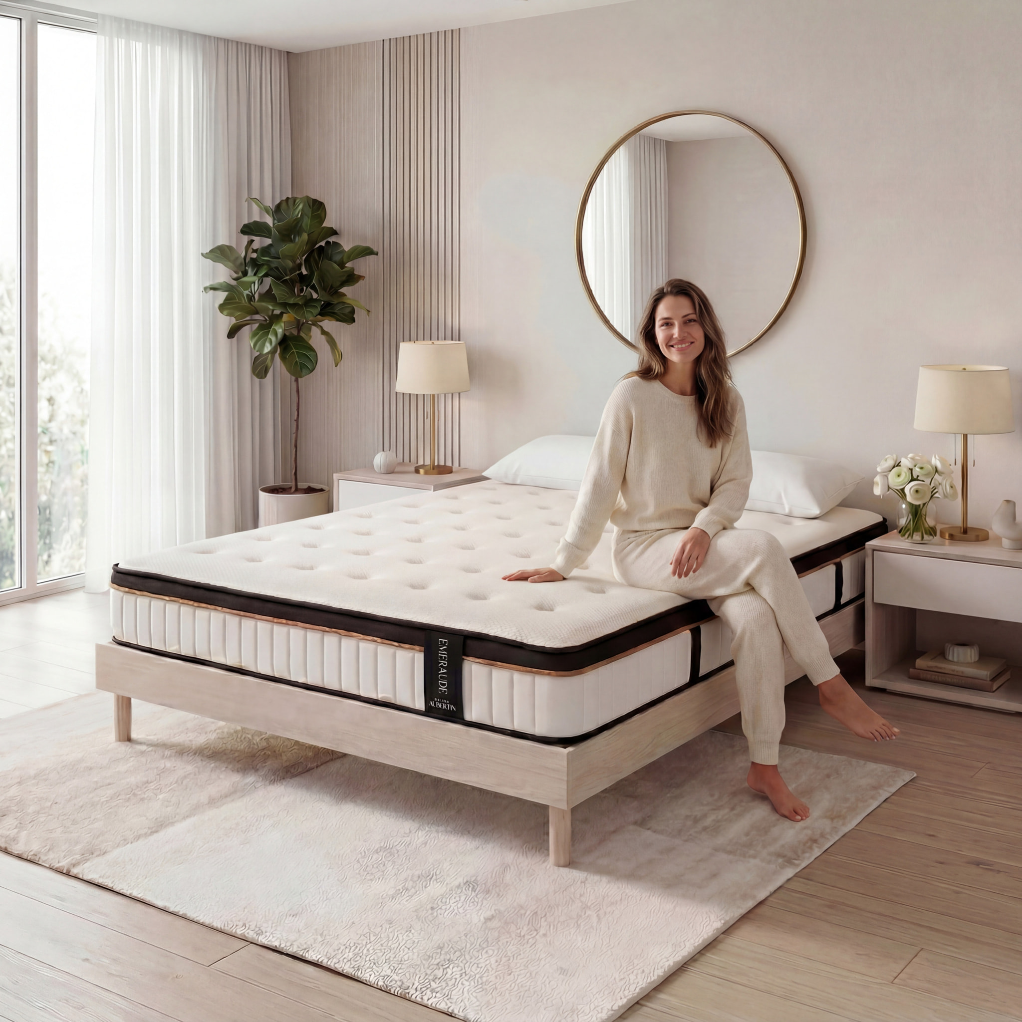 Ensemble Matelas Émeraude & Sommier Kit Bois, Mémoire de Forme & Air System, 25 cm, Accueil Moelleux, Soutien Ferme, Lattes Actives