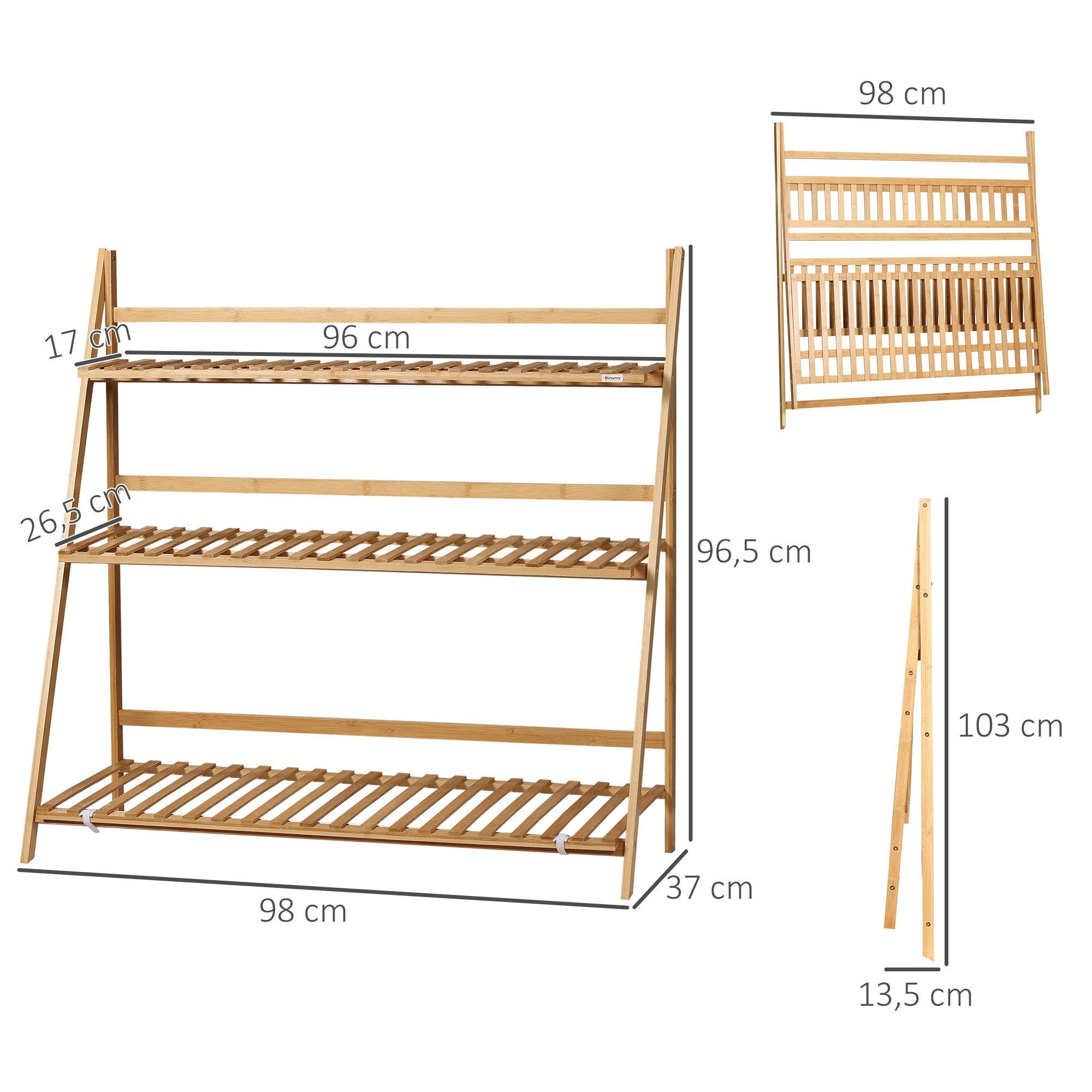 Estantería para Plantas de 3 Niveles de Bambú Plegable 98x37x96,5 cm Natural