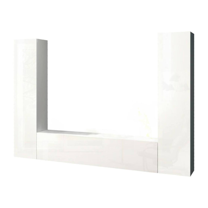 Parete attrezzata Natasha, Set salotto porta TV a 3 ante, Mobile soggiorno multiuso, 100% Made in Italy, cm 260x30h180, Bianco lucido