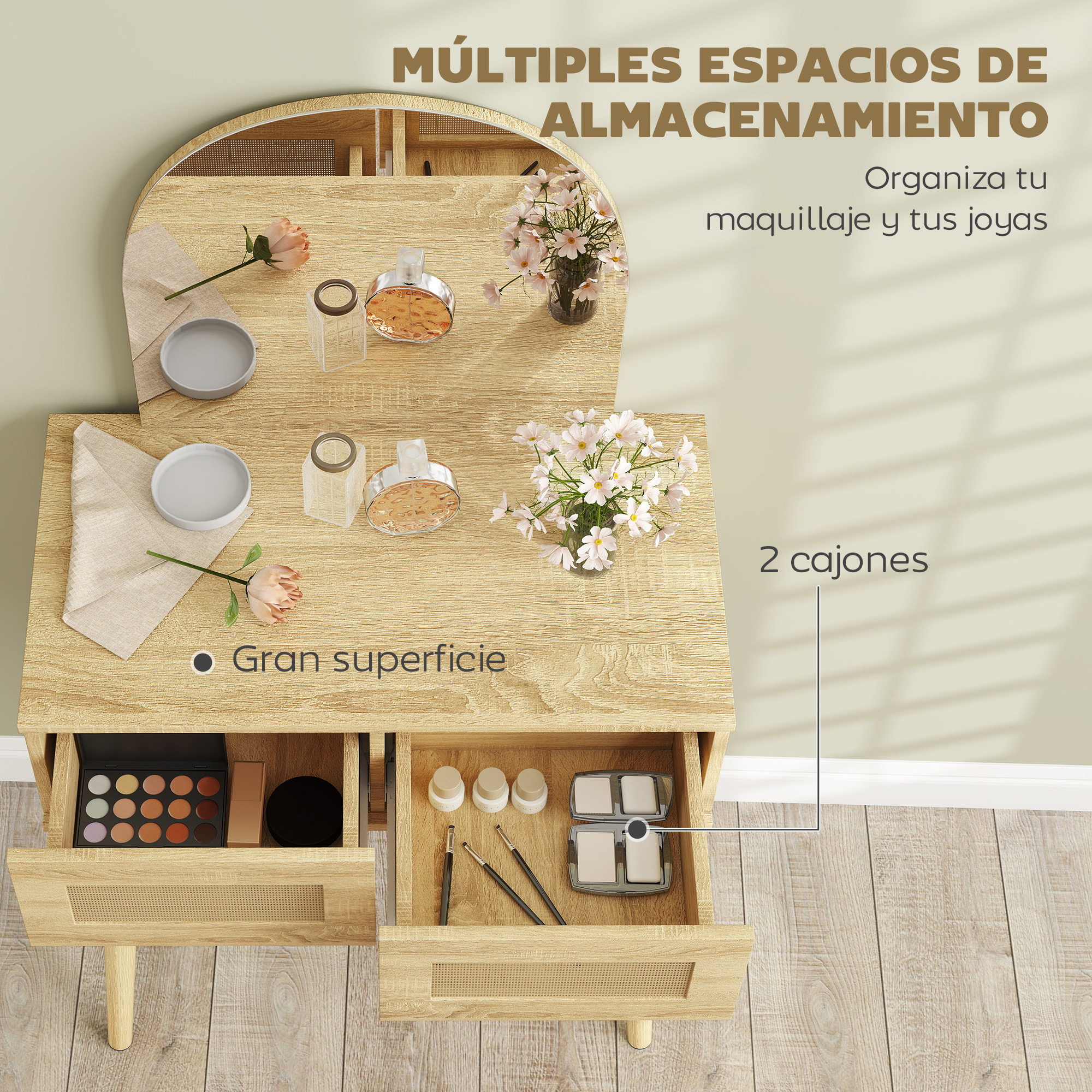 Tocador con Espejo Arqueado, Mesa de Maquillaje con 2 Cajones con Frontal de Ratán, Tocador de Maquillaje para Dormitorio, Espacios Pequeños, Natural