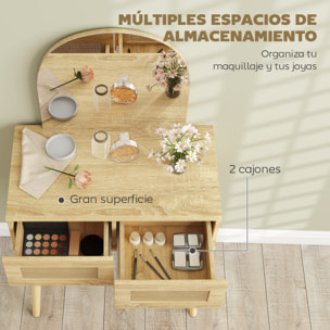 Tocador con Espejo Arqueado, Mesa de Maquillaje con 2 Cajones con Frontal de Ratán, Tocador de Maquillaje para Dormitorio, Espacios Pequeños, Natural