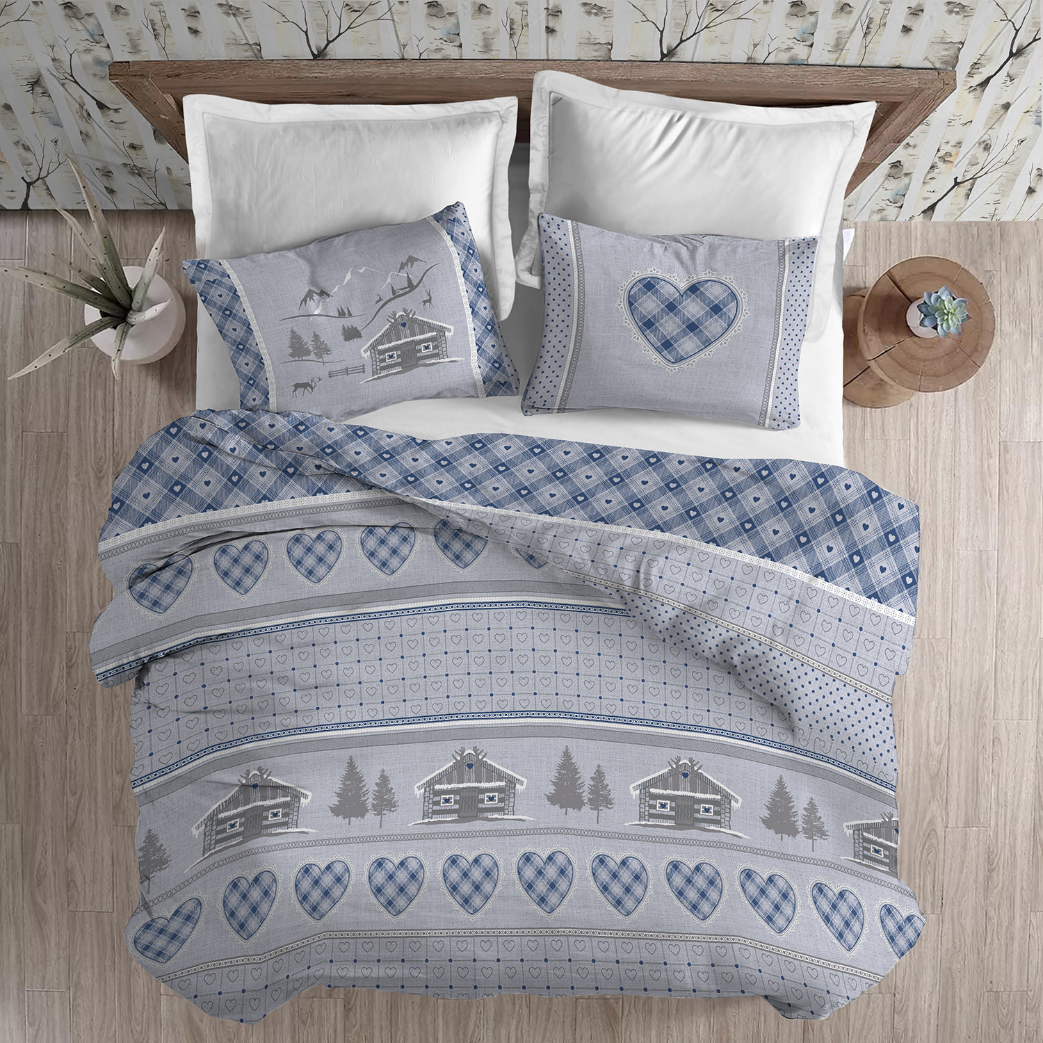 Parure copripiumino in flanella chalet blu flanella 100% cotone