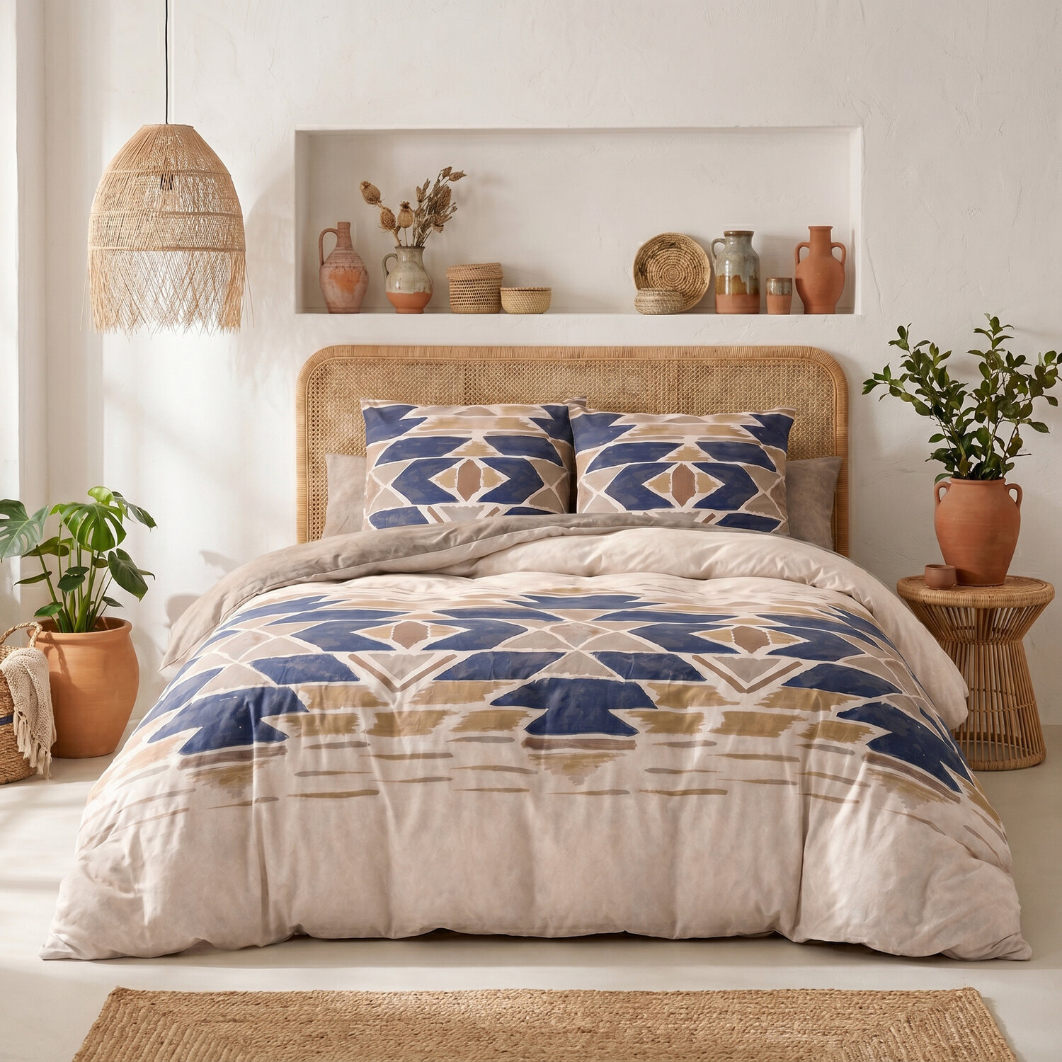 Parure housse de couette 260x240 cm imprimée graphique bohème + 2 taies 100% Coton - APOTEK