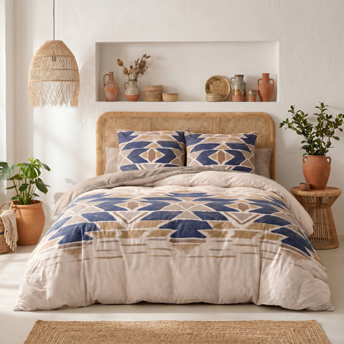 Parure housse de couette 260x240 cm imprimée graphique bohème + 2 taies 100% Coton - APOTEK