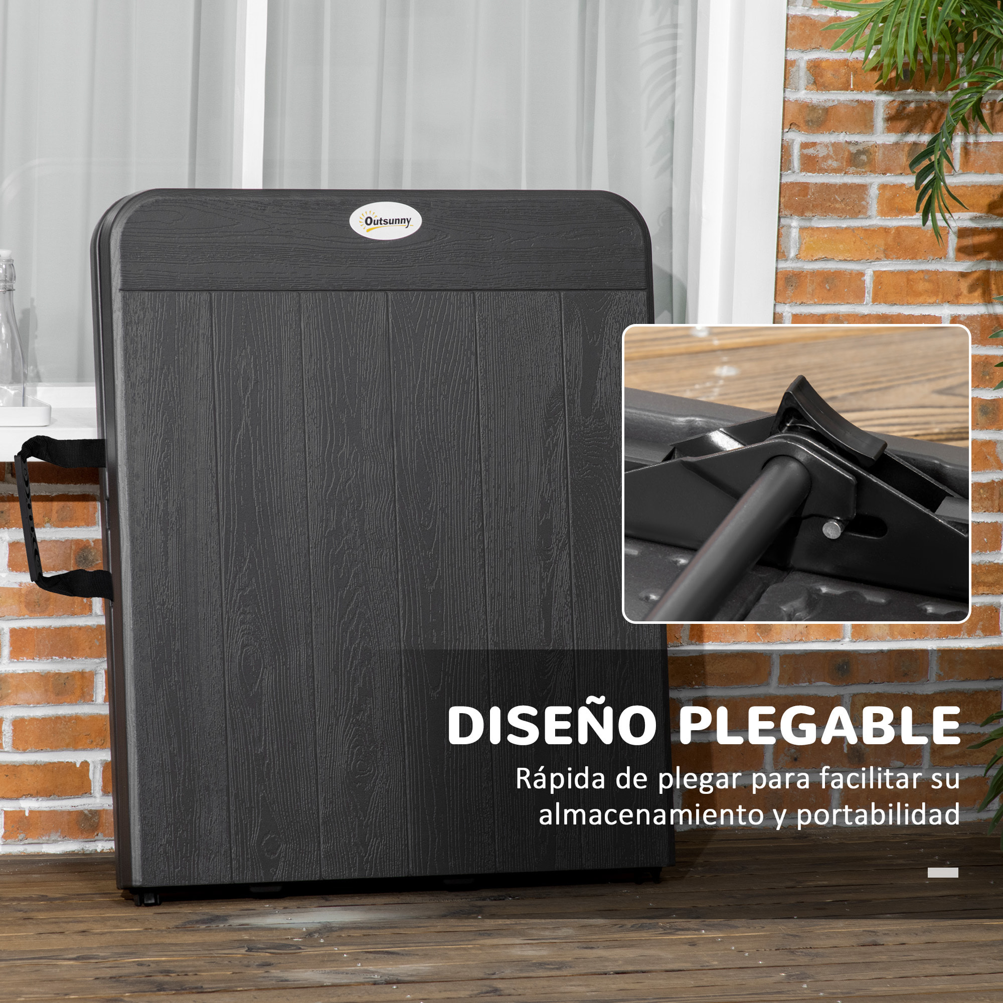 Mesa Plegable de Jardín Rectangular Portátil 180x75,5x73 cm Mesa Jardín Exterior de Acero y HDPE con Asa de Transporte para 6 Personas Carga 100 kg Gris Oscuro