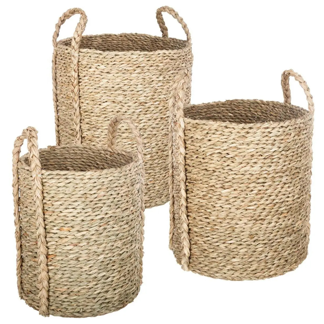 Set de 3 paniers à anses ronds roseau tressé D22/26/34cm