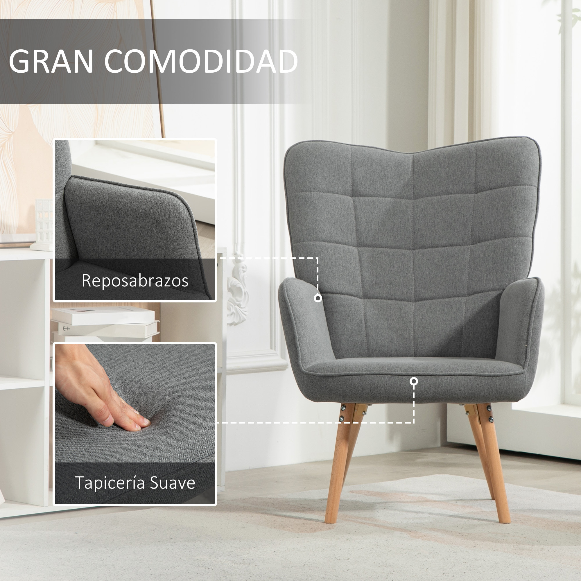 Sillón de Salón Moderno Butaca de Dormitorio con Respaldo Alto Reposabrazos Tela de Lino y Patas de Madera para Sala de Estar 71x76x101 cm Gris