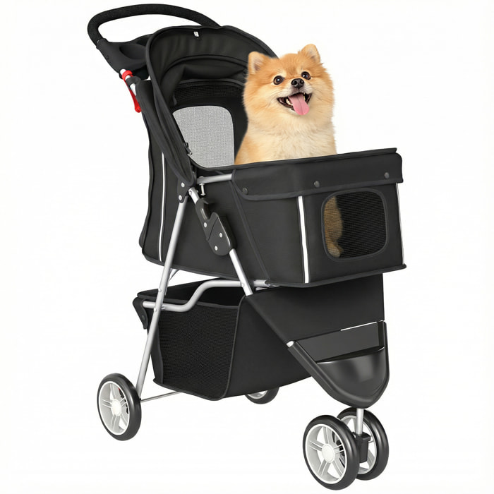 Carrito para Perros Plegable, Cochecito para Perros Pequeños con Cesta de Almacenaje, Ventanas de Malla, Portavasos y Ruedas, Carga 10 kg, 77x44x102 cm, Negro