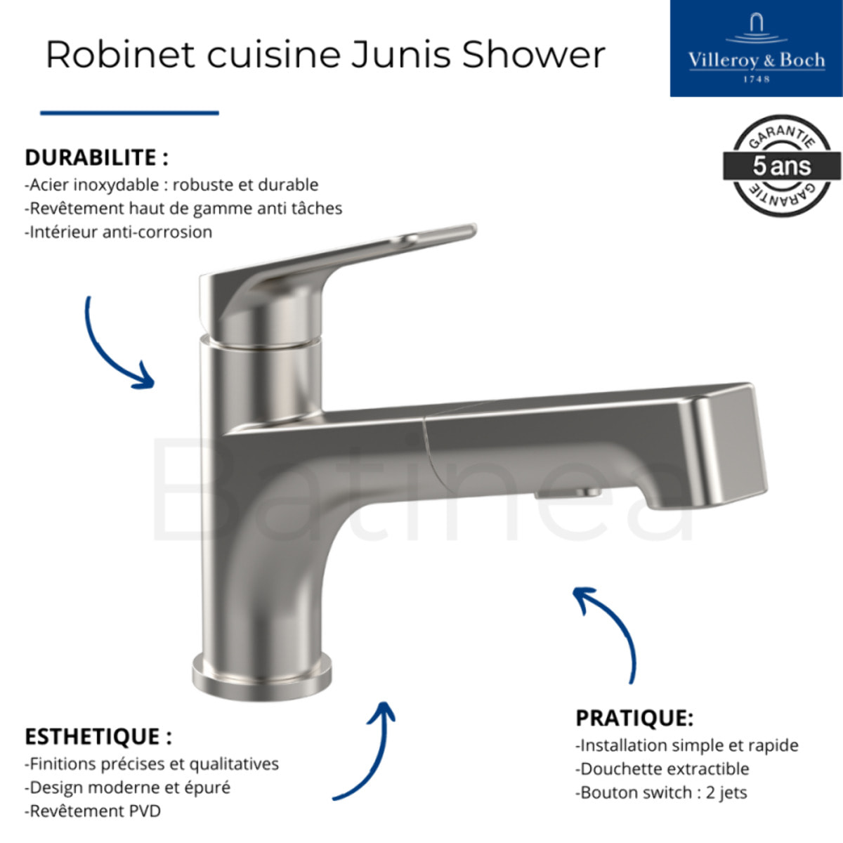 Evier 1 bac Architectura 60 + Robinet de cuisine Junis Shower