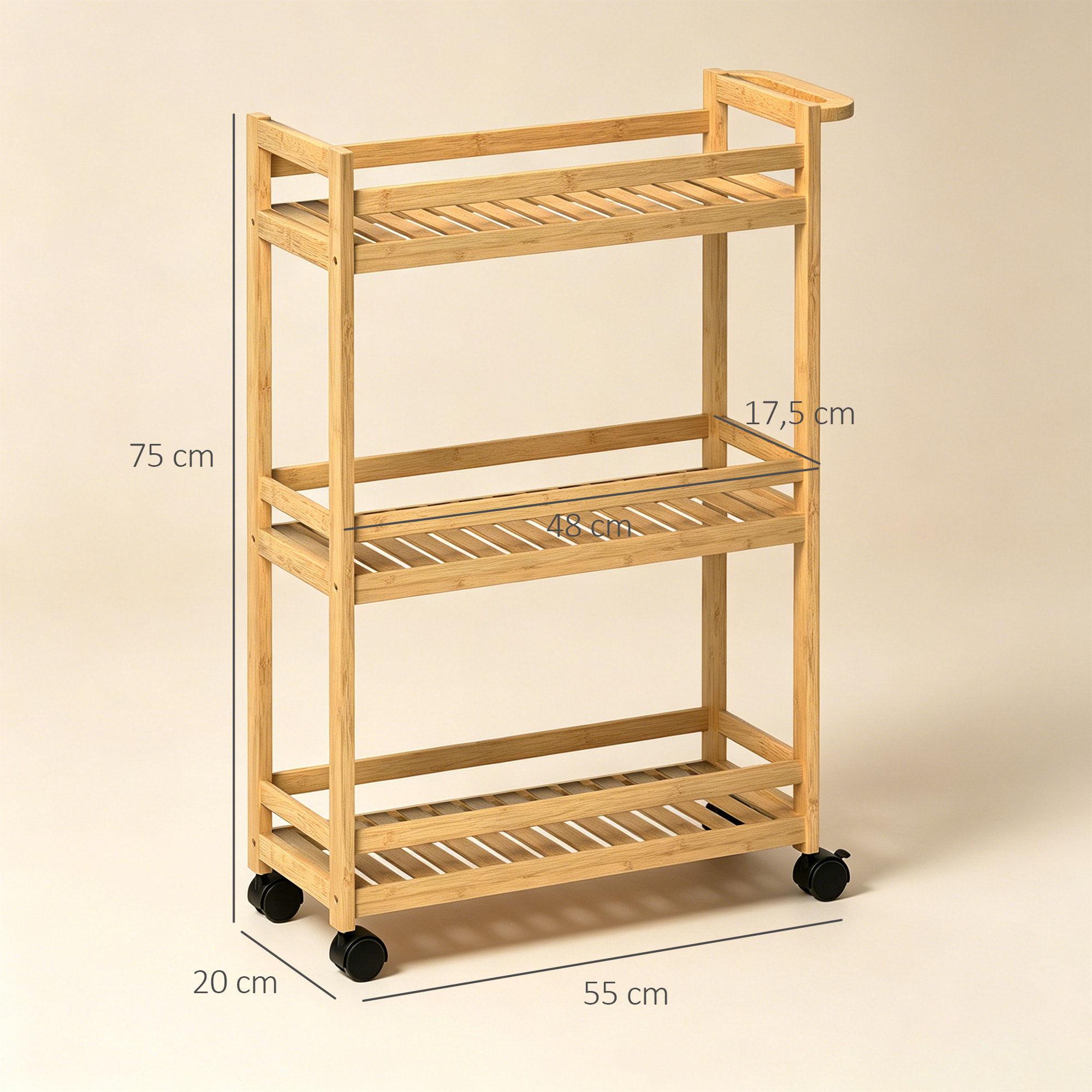 Carrito Auxiliar con Ruedas de Bambú, Carrito de Cocina Estrecho de 3 Niveles con Asa, para Salón, Baño, Espacios Pequeños, 55x20x75 cm, Natural
