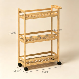 Carrito Auxiliar con Ruedas de Bambú, Carrito de Cocina Estrecho de 3 Niveles con Asa, para Salón, Baño, Espacios Pequeños, 55x20x75 cm, Natural