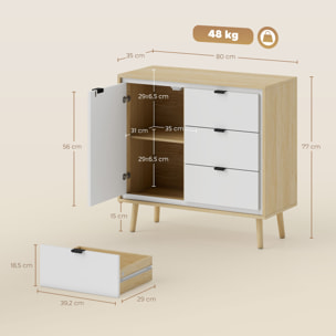 Aparador de 1 Puerta, Aparador de Salón Moderno con 3 Cajones, Estante Ajustable y Patas de Madera, para Cocina, Entrada, Dormitorio, 80x35x77 cm, Blanco Brillo y Roble