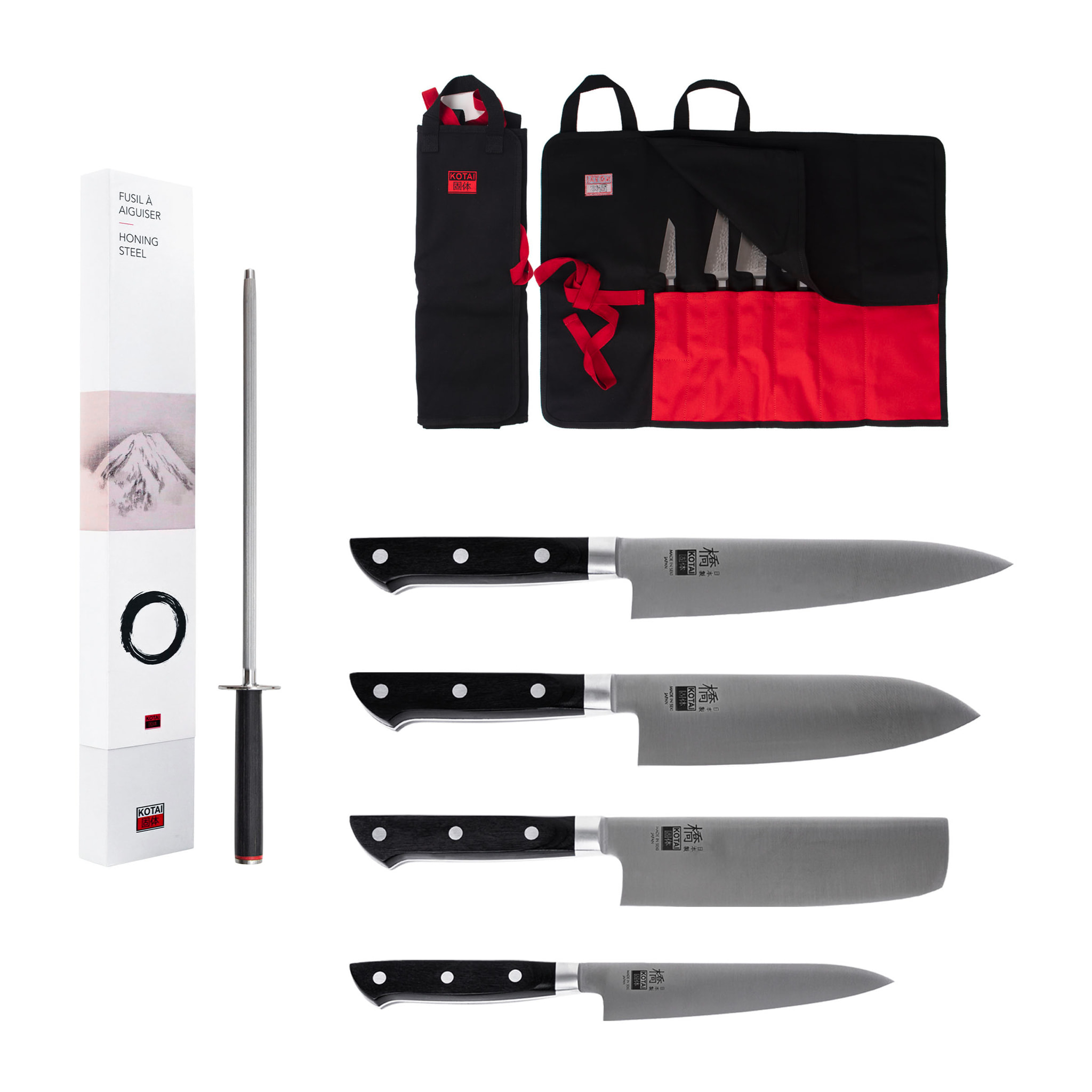 Set Hashi Clásico Nómada de 6 piezas: 4 cuchillos (pequeño + nakiri + santoku + gyuto) + funda de algodón 100% + chaira