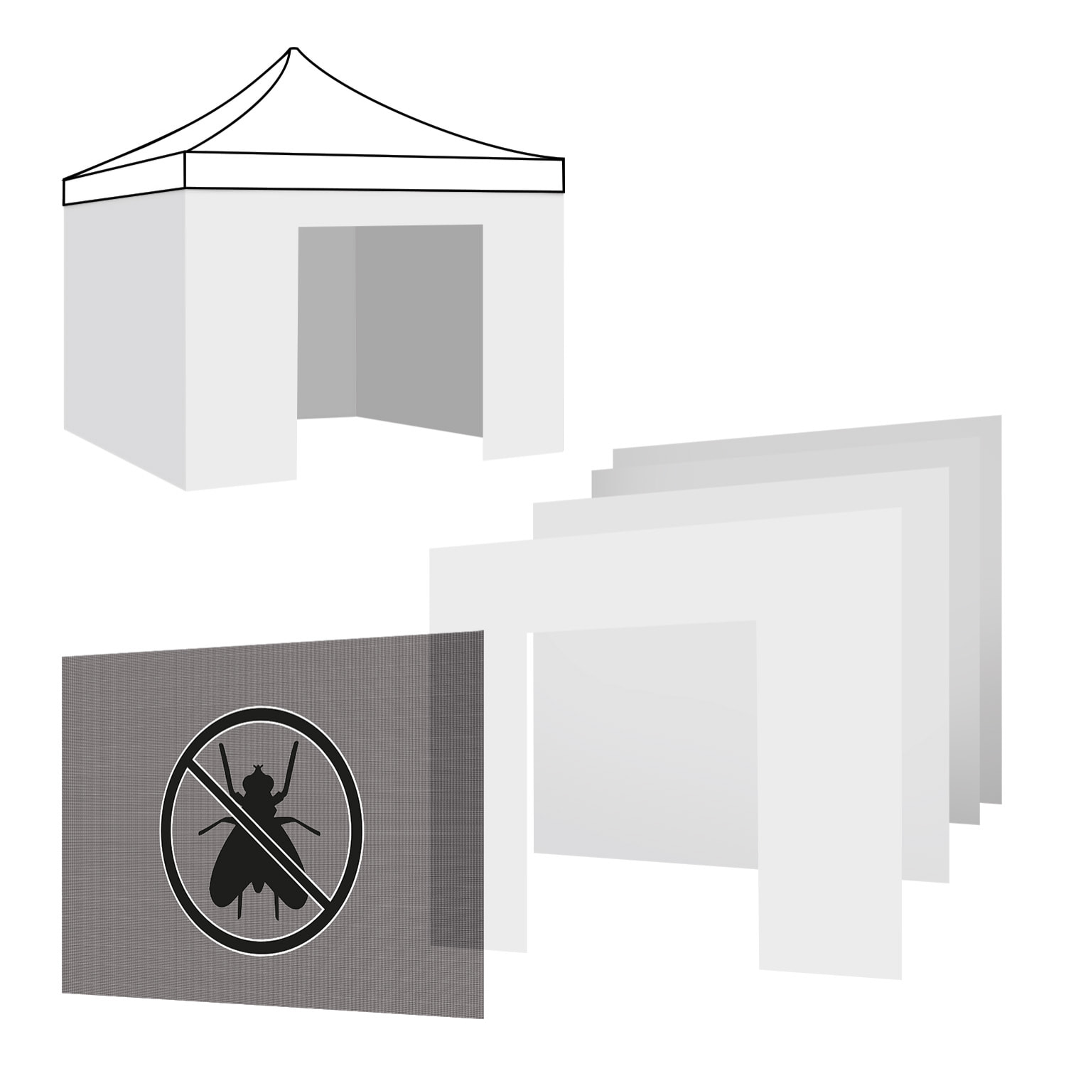 Set completo di teli di ricambio per gazebo da giardino bianco 3x3M - 3x teli laterali + 1x telo porta con cerniera + 1x telo zanzariera