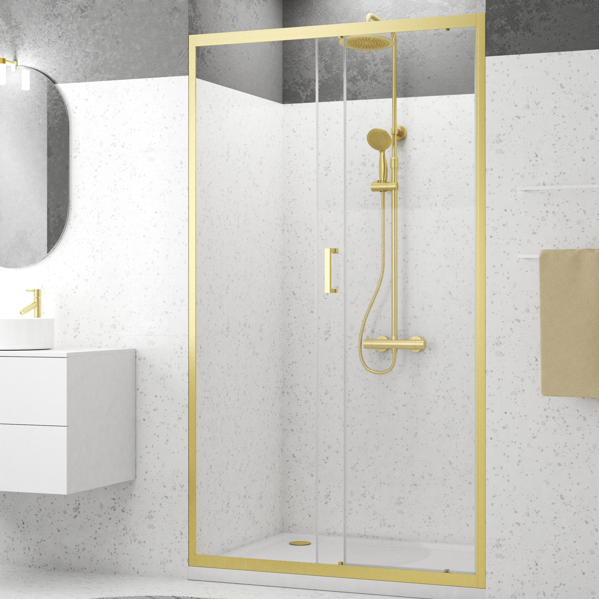 Porte de douche Coulissante 120x200cm - Profilés Or Doré Brossé - Verre Trempé 6mm - GOLDY CRUSH