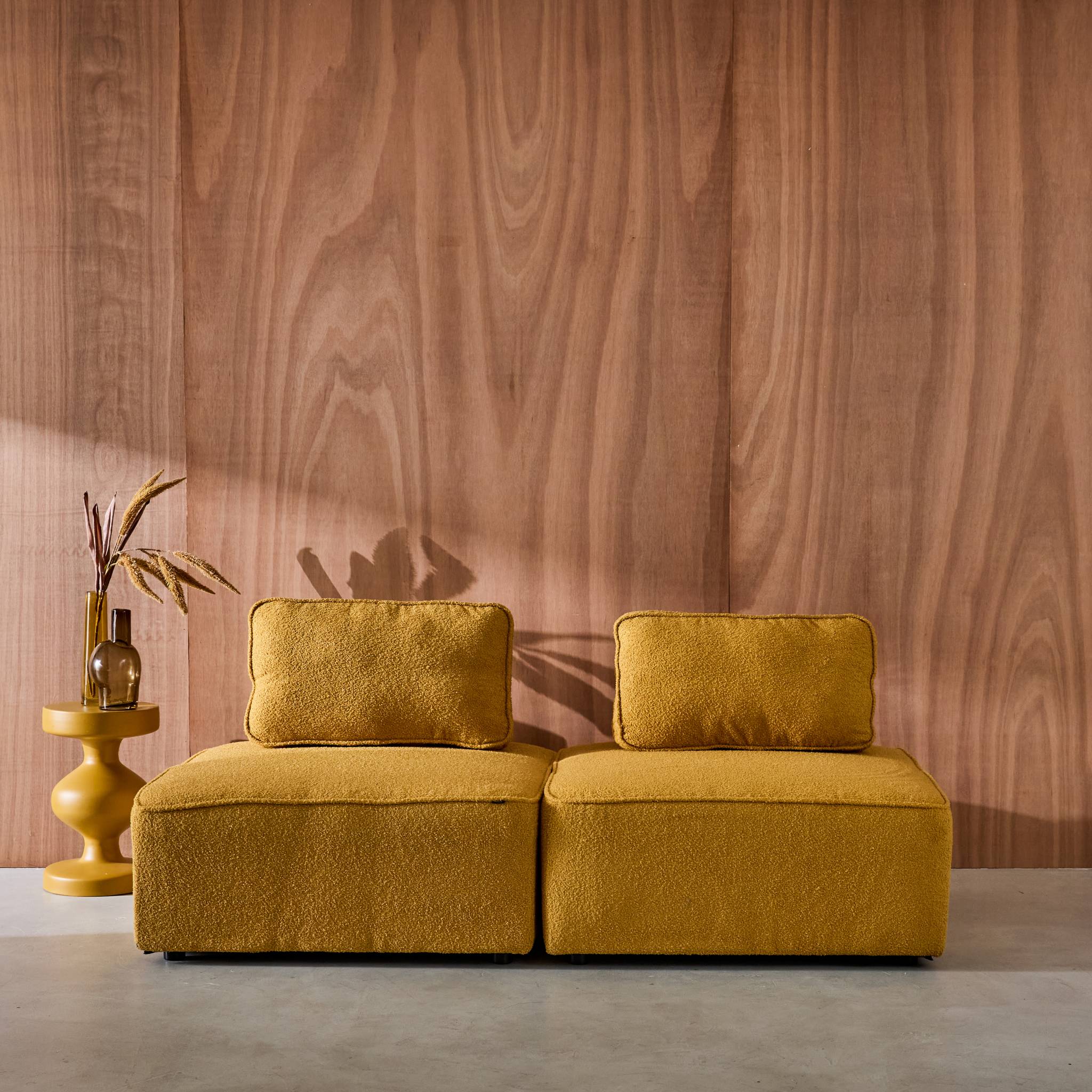 Lot de 2 chauffeuses pour canapé modulable tissu bouclette moutarde 1 place Bao. L 90 x P 90 x H 74cm