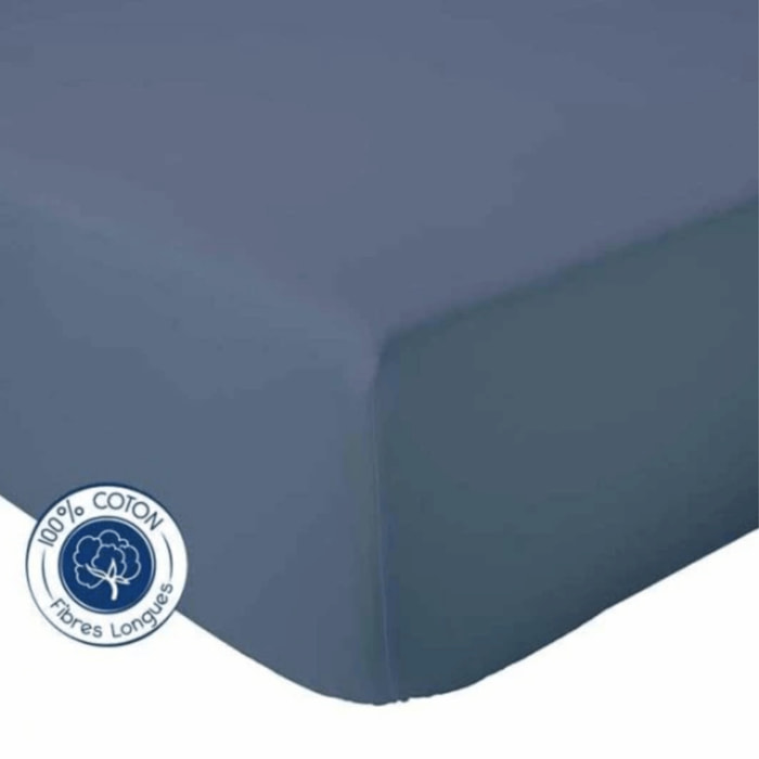 Drap Housse Uni bonnet 30 cm 100% Coton - Bleu Marine