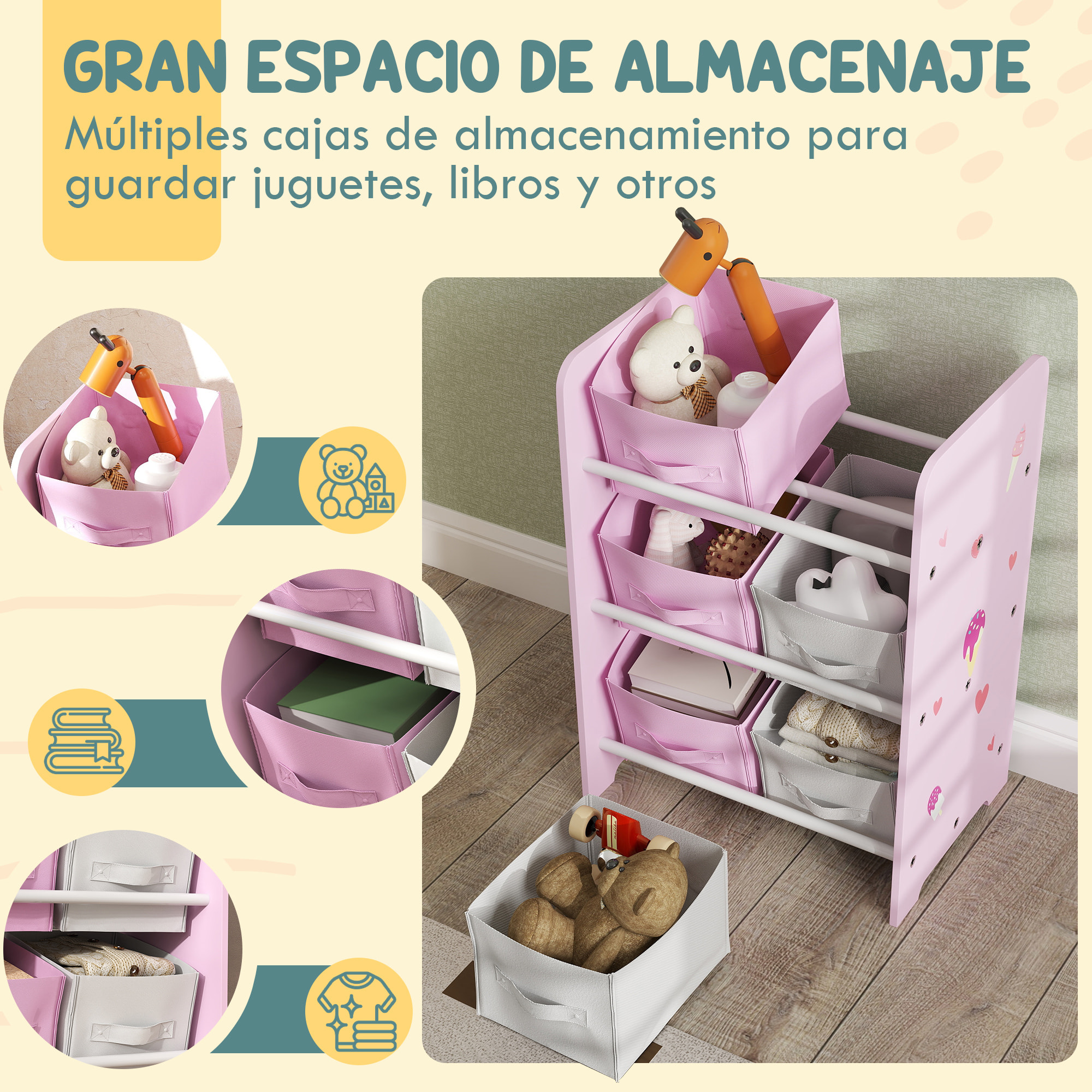 Estantería Infantil para Niños de +3 Años Estantería para Juguetes con 6 Cajas de Tela no Tejida Extraíbles Organizador de Juguetes para Dormitorio Guardería 43x30x60 cm Rosa