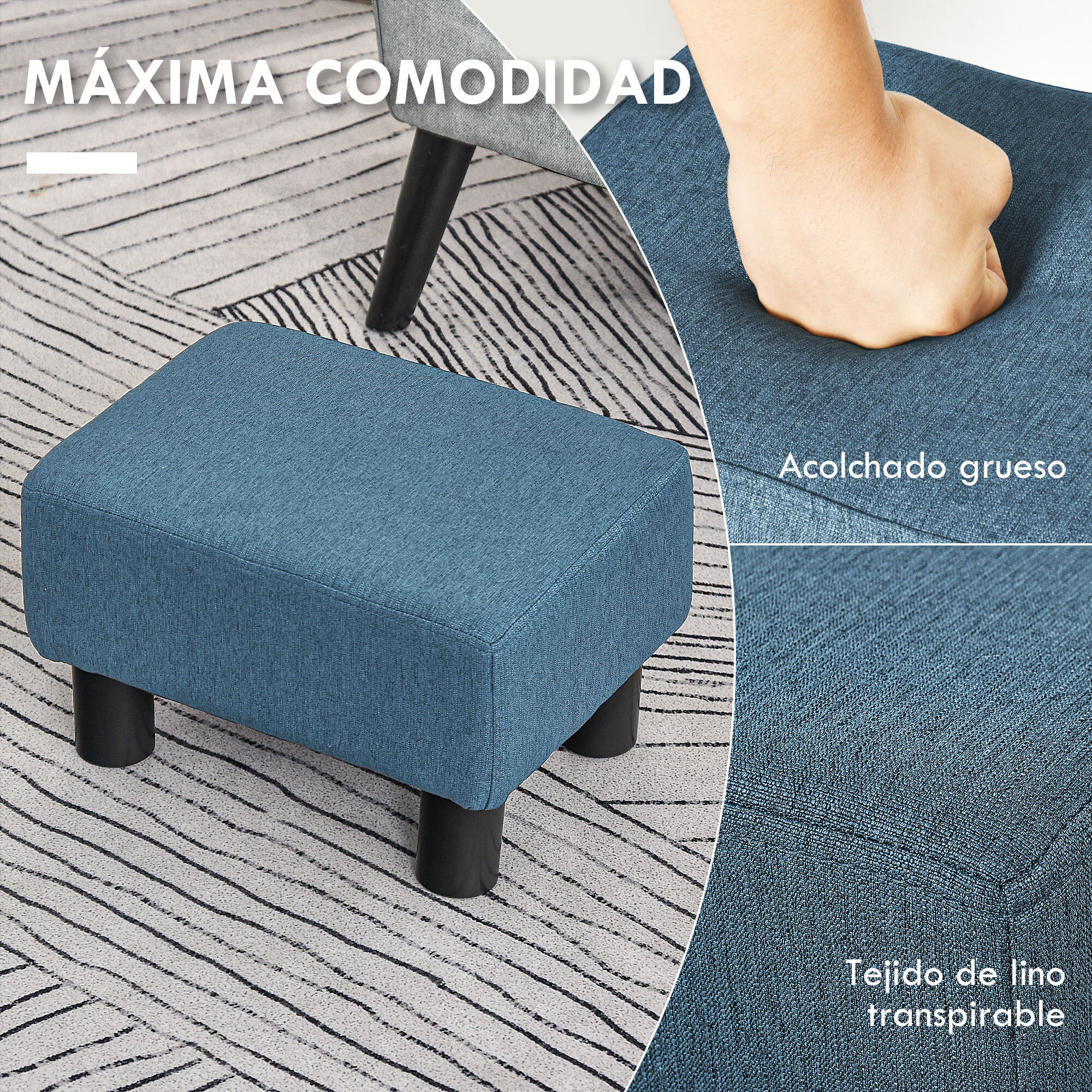 Reposapiés de Salón Taburete Bajo Tapizado en Lino Otomana Rectangular con Estructura de Madera para Sala de Estar Dormitorio Azul Oscuro