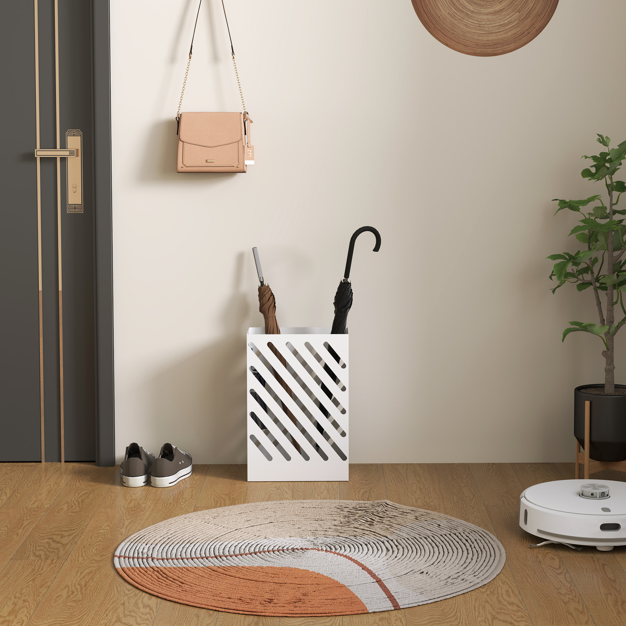 ParagÃƒÂ¼ero de Acero Galvanizado, Soporte de Paraguas Estrecho con Bandeja de Goteo Extraíble, 4 Ganchos, Diseño de Cortes, para Entrada, Pasillo, Oficina, 28x14x41 cm, Blanco