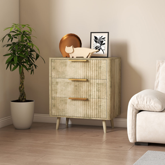 Commode 3 tiroirs effet bois façades cannelées poignées métal doré