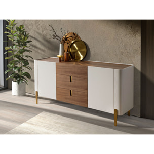 Aparador de madera chapada en nogal natural y madera MDF lacada en beige patas de acero inoxidable pulido en dorado 180x47x80cm