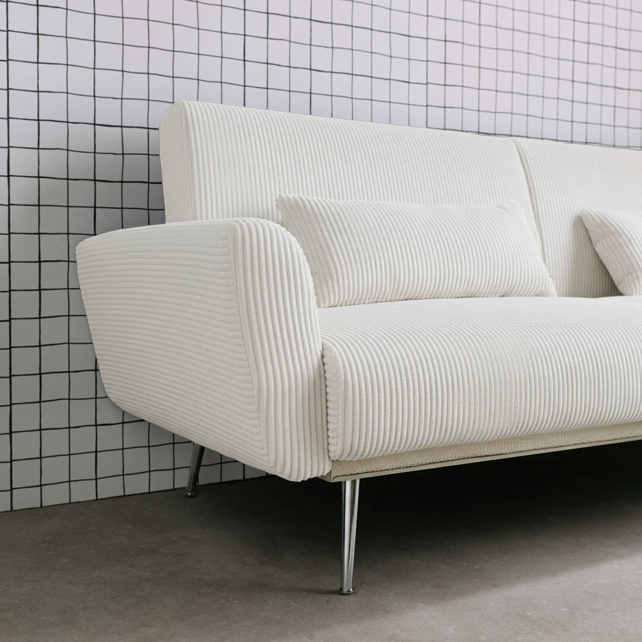 Canapé convertible design en velours côtelé blanc - Oskar - 3 places scandinave droit avec pieds métal chromé