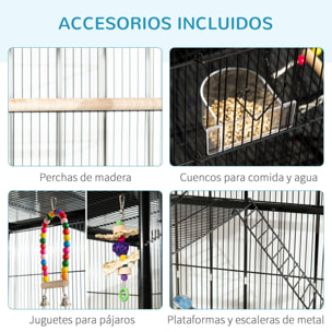 Jaula para Pájaros con Ruedas 83x53x180 cm Pajarera Metálica de 3 Niveles con 3 Perchas Comederos Juguetes Rampas y Estante de Almacenamiento para Canarios Periquitos Negro