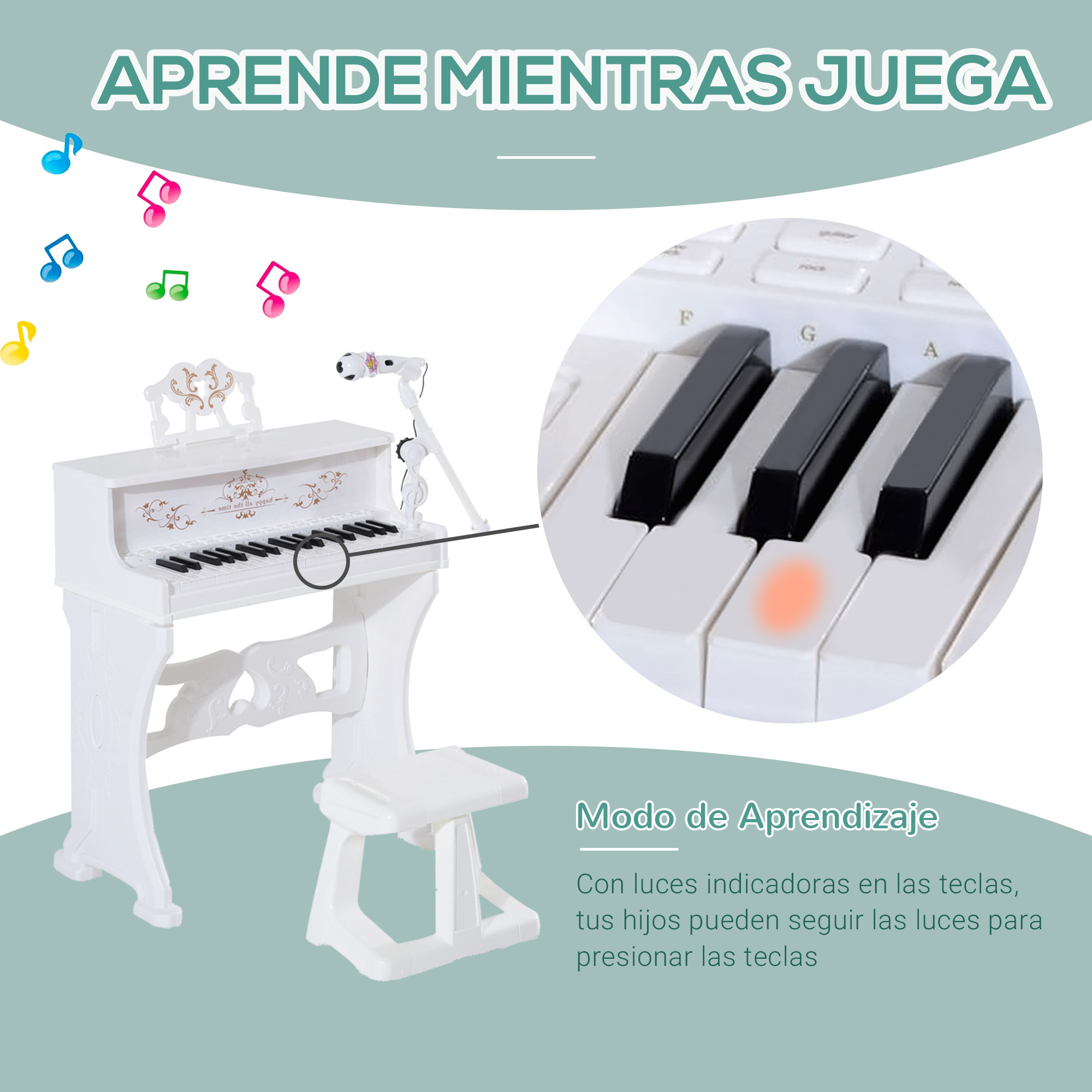 Piano Electrónico Infantil 37 Teclas con Micrófono Taburete 22 Canciones Blanco