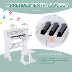 Piano Electrónico Infantil 37 Teclas con Micrófono Taburete 22 Canciones Blanco