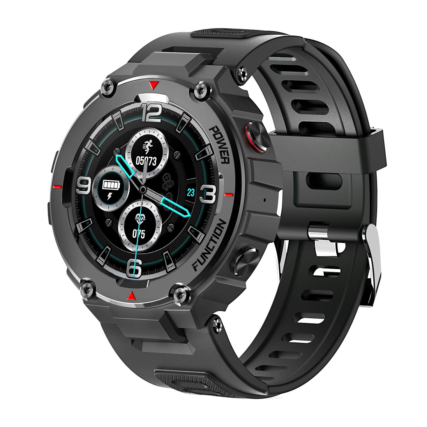 Smartwatch F26 outdoor. Sumergible 30 m, resistencia a temperaturas extremas. Reproductor musical y memoria interna, 10 modos deportivos.