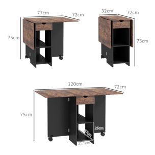Mesa Plegable de Comedor Mesa de Cocina Plegable con Ruedas Alas Abatibles Cajón y Estantes para 2-4 Personas 120x72x75 cm Marrón Rústico y Negro