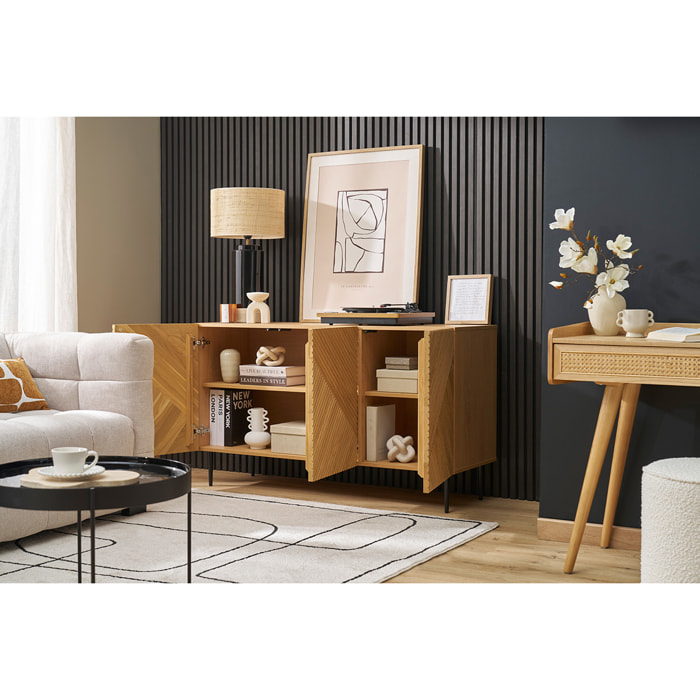 Buffet design en bois clair chêne massif gravé et métal noir 3 portes L135 cm ARCHIPEL