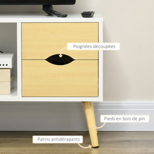 Meuble TV style scandinave 4 tiroirs coulissants niche passe-fils piètement bois pin blanc aspect bois clair