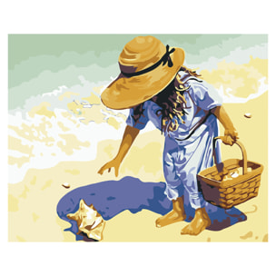 Tela con disegno da dipingere con i numeri, di 40x50cm. Design bambina sulla spiaggia. Include pennelli e colori necessari.