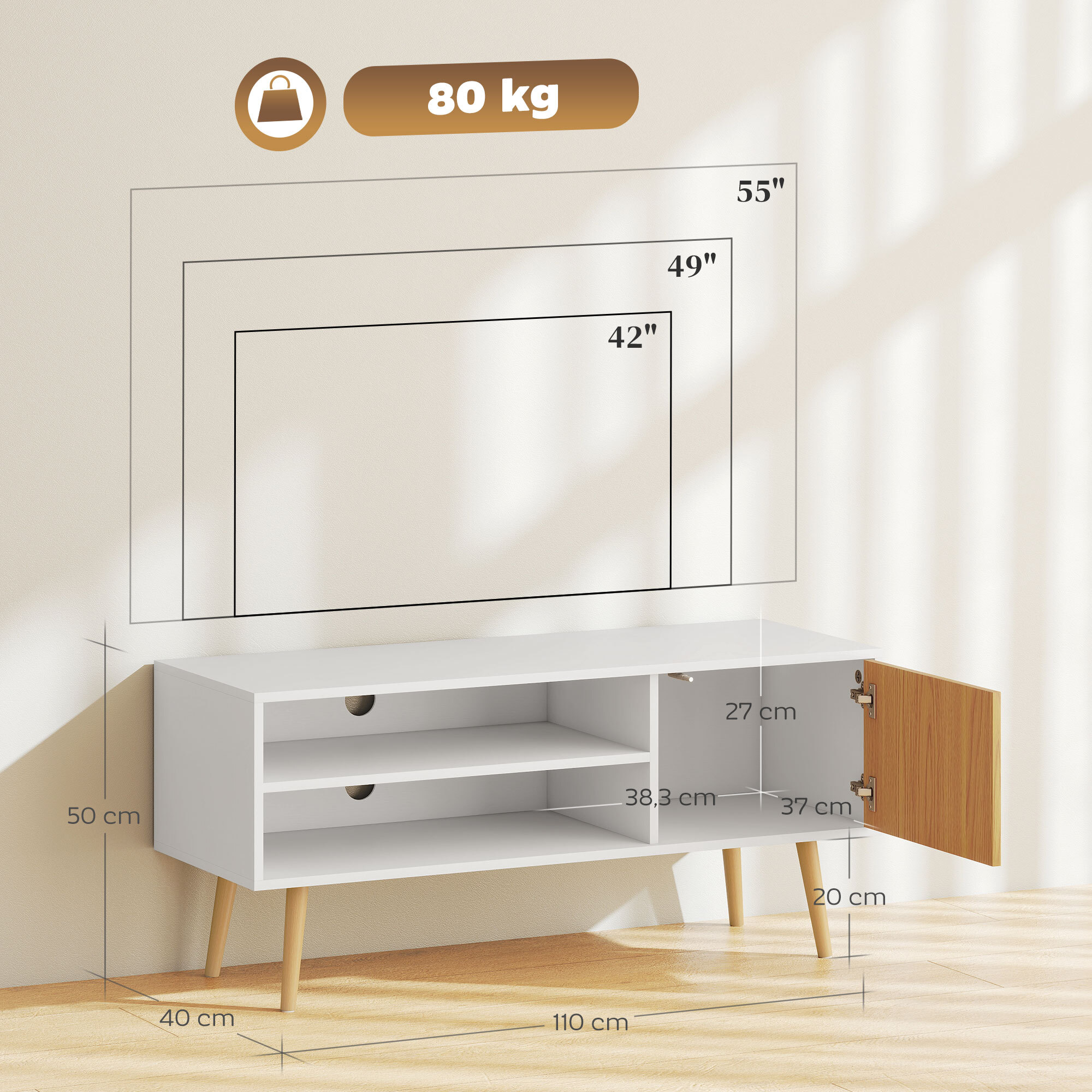 Mueble de TV Moderno Mueble de TV para Salón con 2 Compartimentos Abiertos 1 Puerta y Orificio para Cables para Televisión de 55 Pulgadas 110x40x50 cm Blanco y Natural
