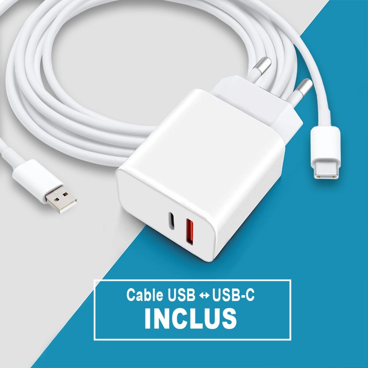 Chargeur Samsung Galaxy A21S ultra rapide Double Port 20 W fourni avec Cable USB-C