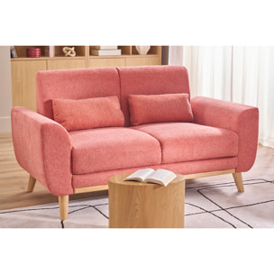 Canapé scandinave 2 places en tissu effet velours texturé terracotta et bois clair EKTOR