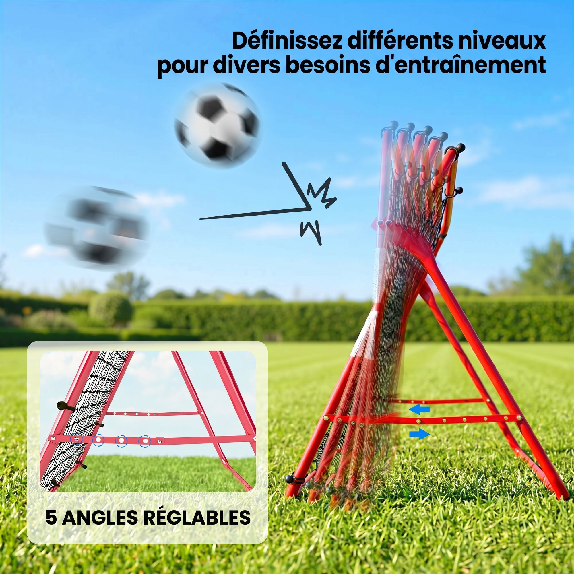 Filet de rebond football pliable réglable 5 angles - acier - 103x72x89cm - rouge