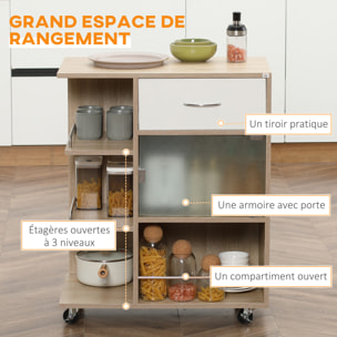 Desserte de cuisine style contemporain - 3 étagères, niche, porte verre, tiroir - effet bois naturel blanc